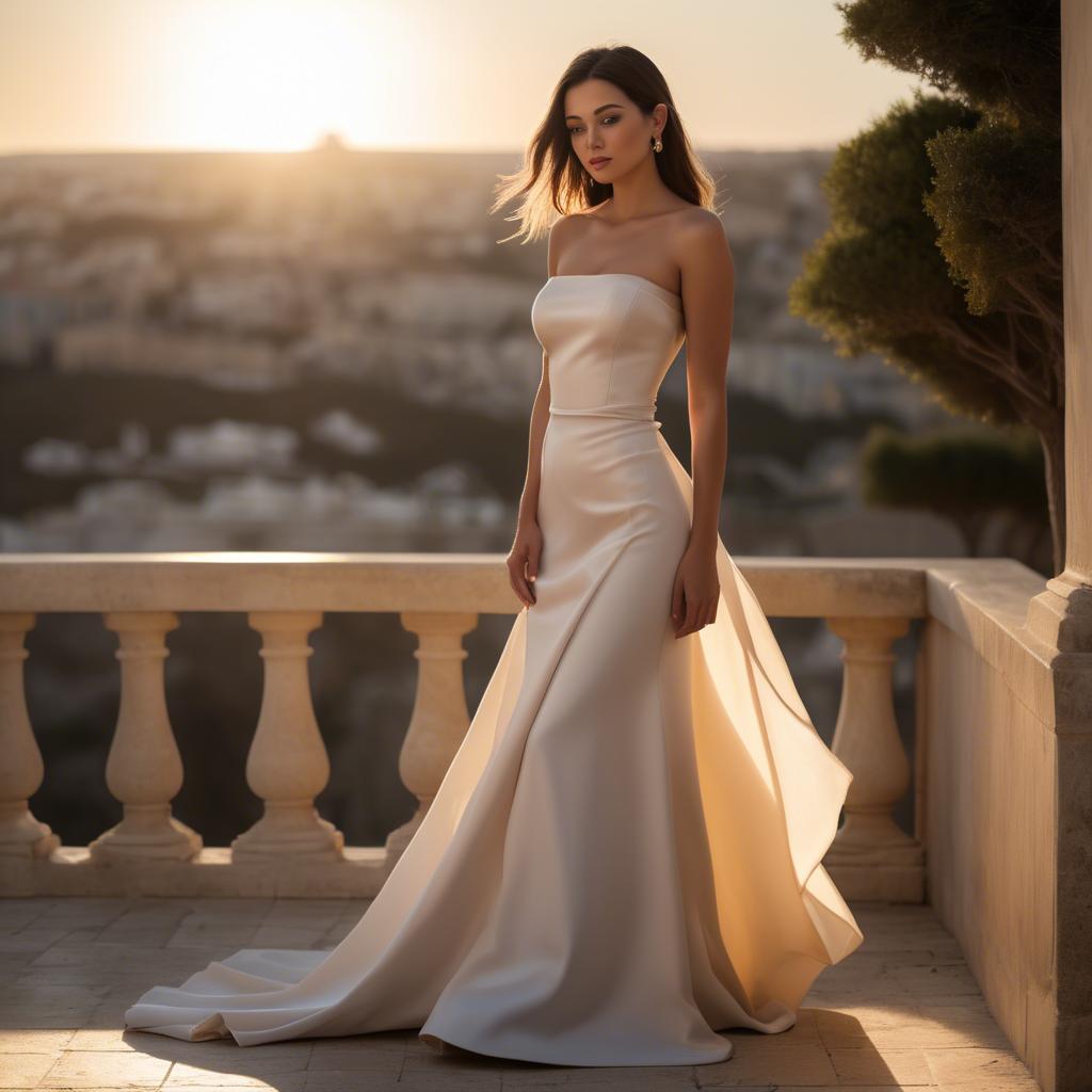 A stunning image of maltese beauty in a tasteful strapless gown silhouetted by warm golden hour light.