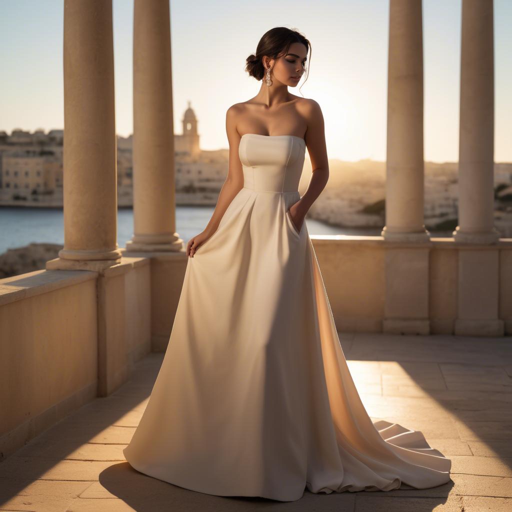 A stunning image of maltese beauty in a tasteful strapless gown silhouetted by warm golden hour light.