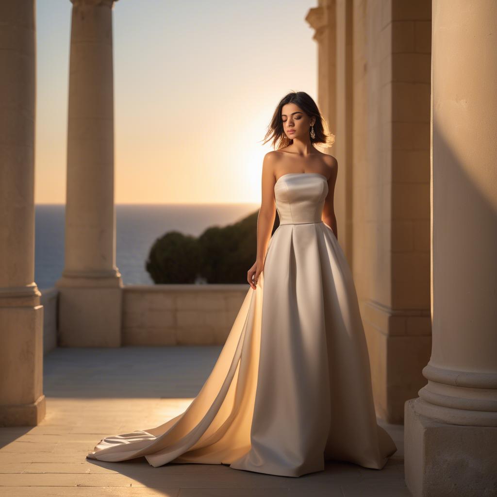 A stunning image of maltese beauty in a tasteful strapless gown silhouetted by warm golden hour light.