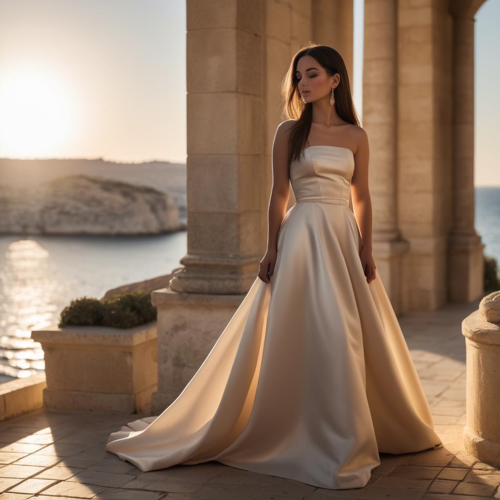 A stunning image of maltese beauty in a tasteful strapless gown silhouetted by warm golden hour light.