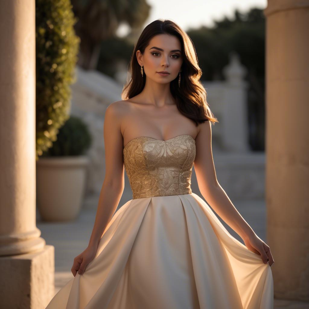 A stunning image of maltese beauty in a tasteful strapless gown silhouetted by warm golden hour light.