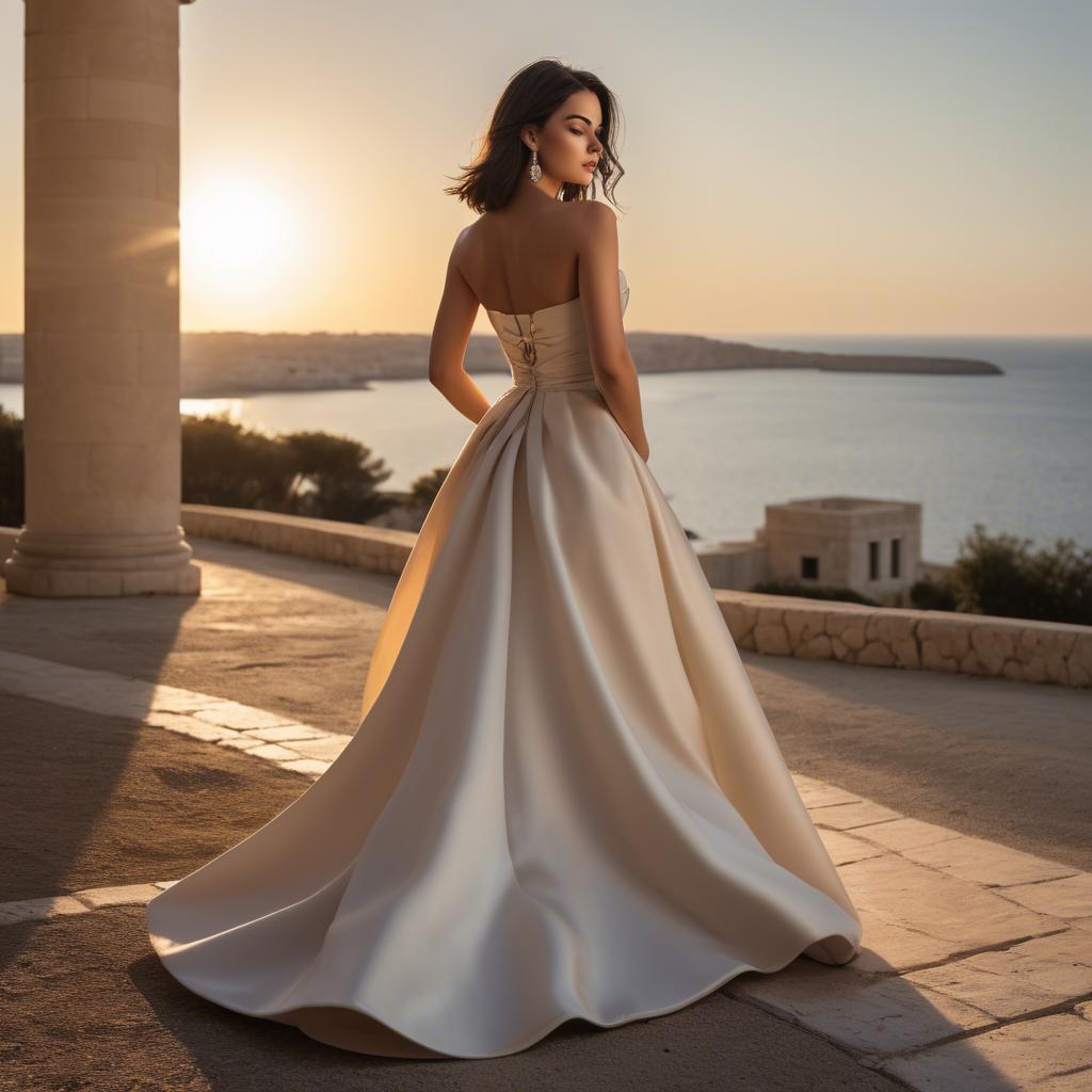 A stunning image of maltese beauty in a tasteful strapless gown silhouetted by warm golden hour light.