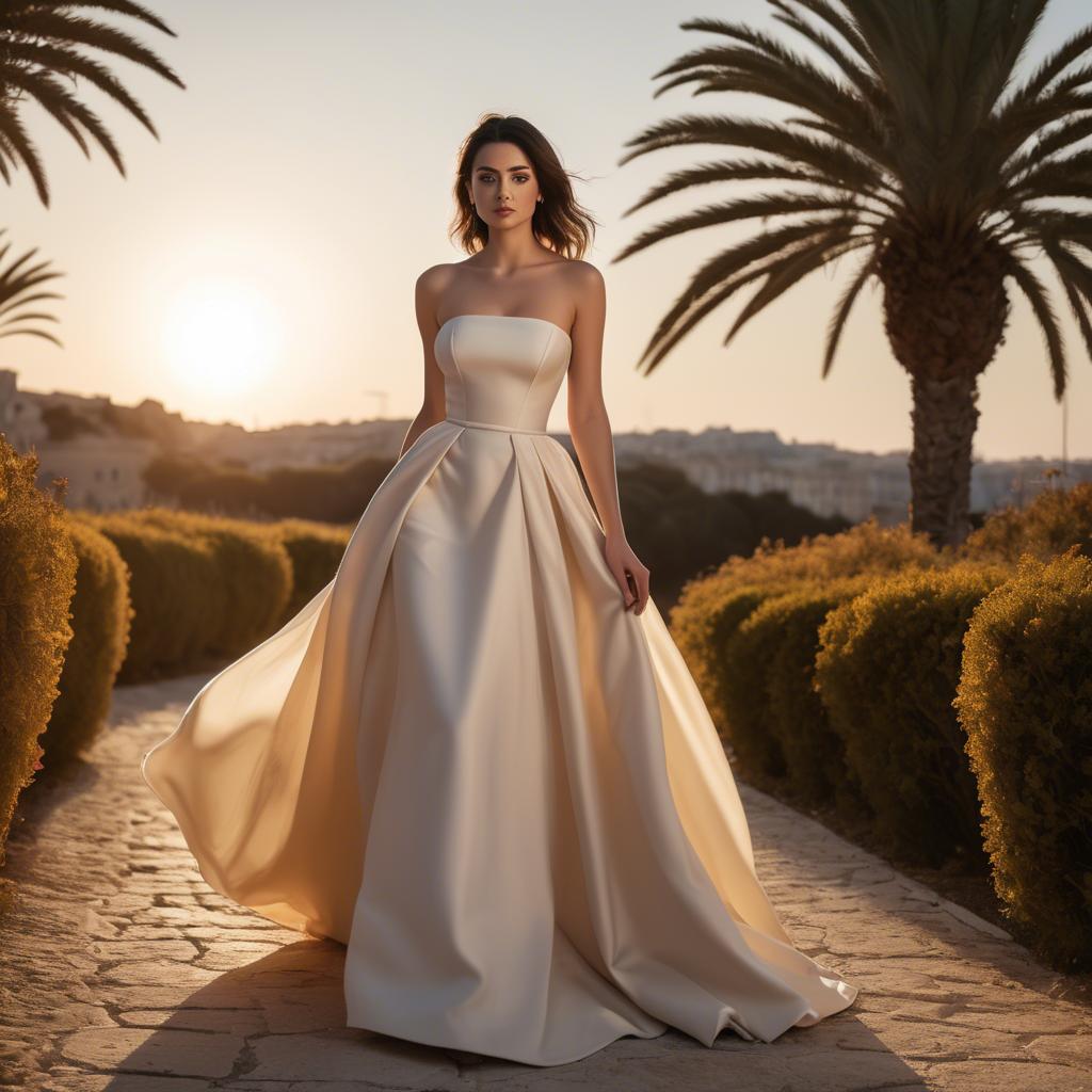 A stunning image of maltese beauty in a tasteful strapless gown silhouetted by warm golden hour light.