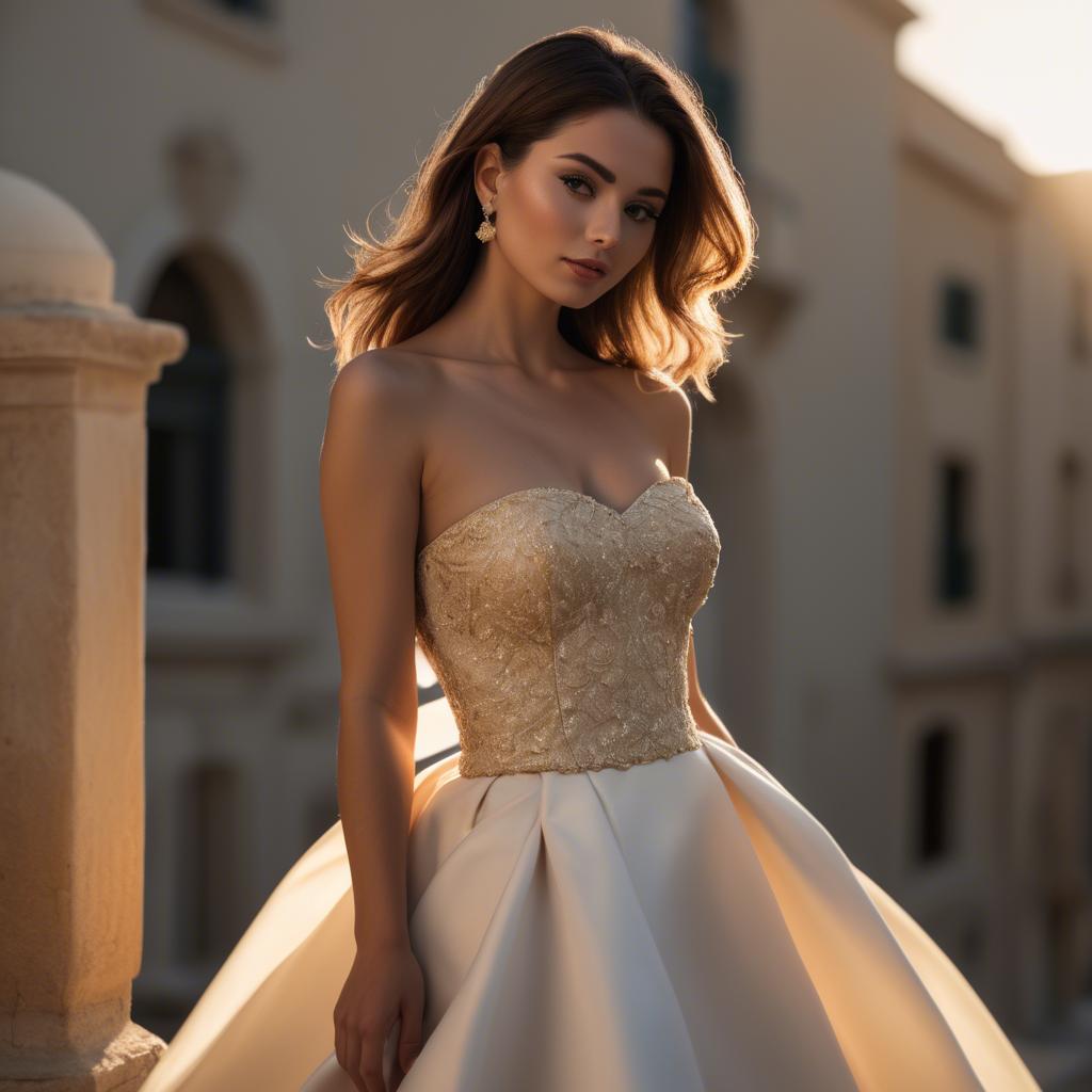 A stunning image of maltese beauty in a tasteful strapless gown silhouetted by warm golden hour light.