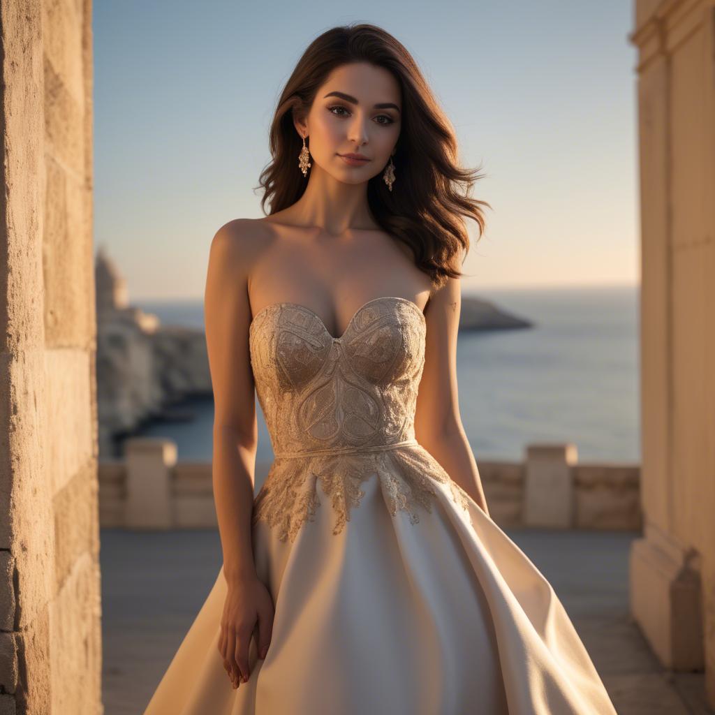 A stunning image of maltese beauty in a tasteful strapless gown silhouetted by warm golden hour light.