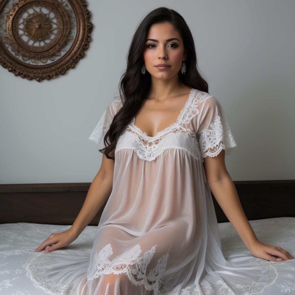 A stunning image of mexican elegance in a lace nightgown.