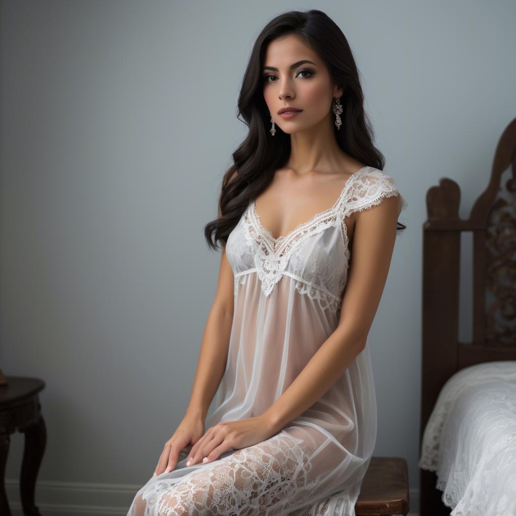 A stunning image of mexican elegance in a lace nightgown.