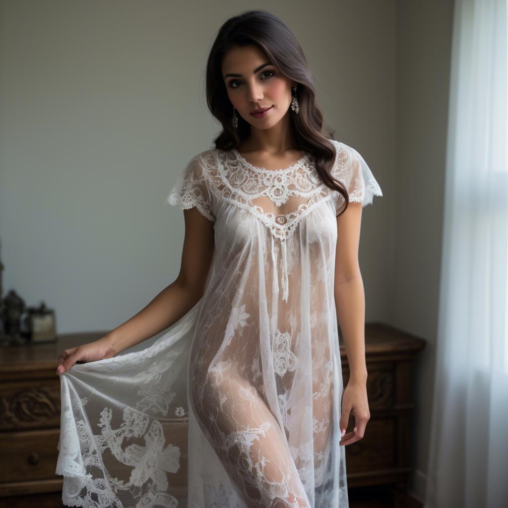 A stunning image of mexican elegance in a lace nightgown.