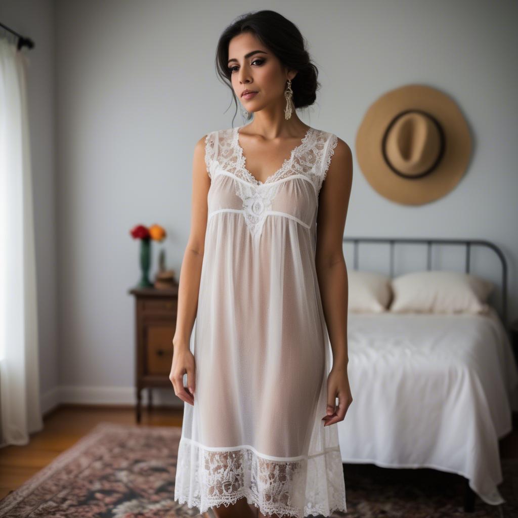 A stunning image of mexican elegance in a lace nightgown.