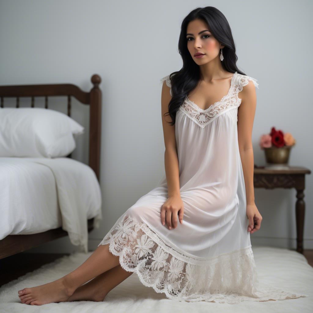 A stunning image of mexican elegance in a lace nightgown.