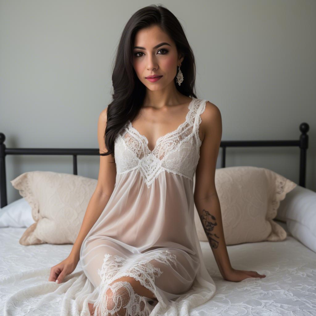 A stunning image of mexican elegance in a lace nightgown.