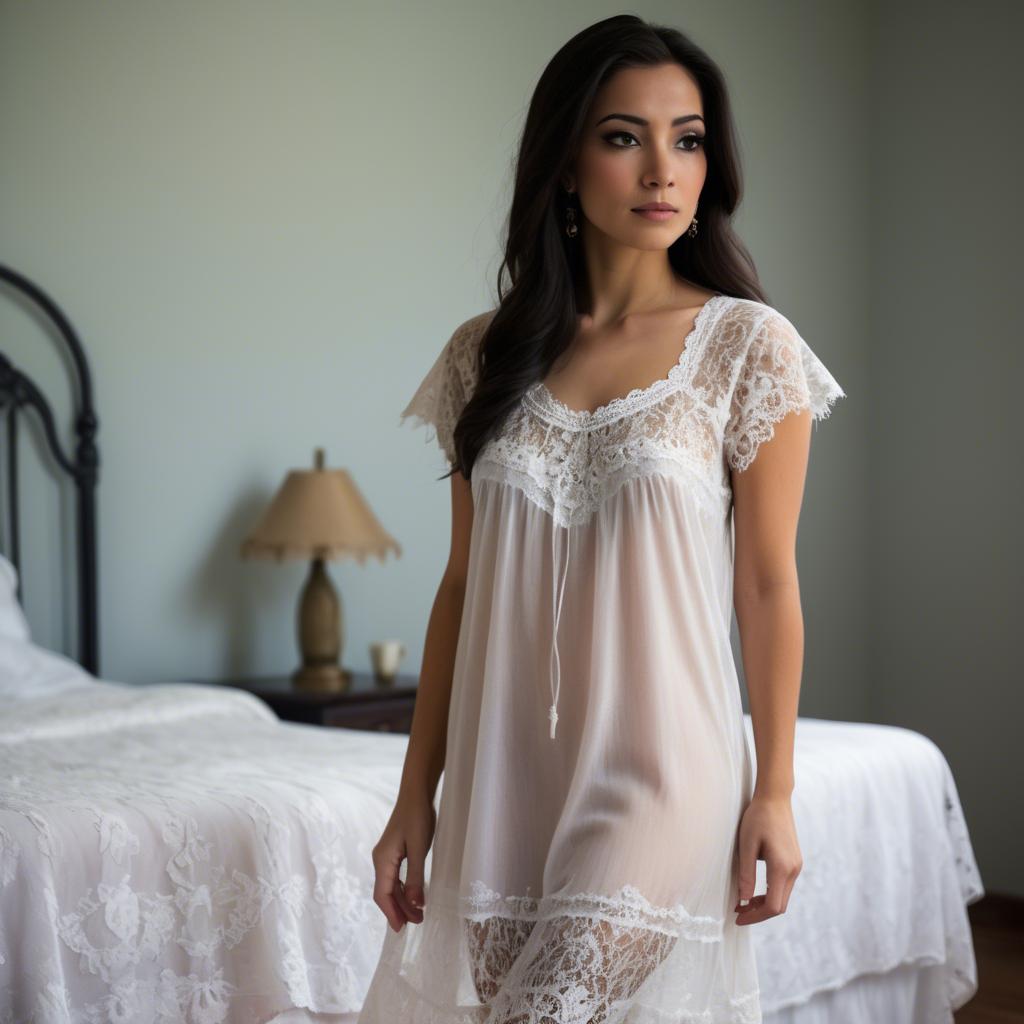 A stunning image of mexican elegance in a lace nightgown.
