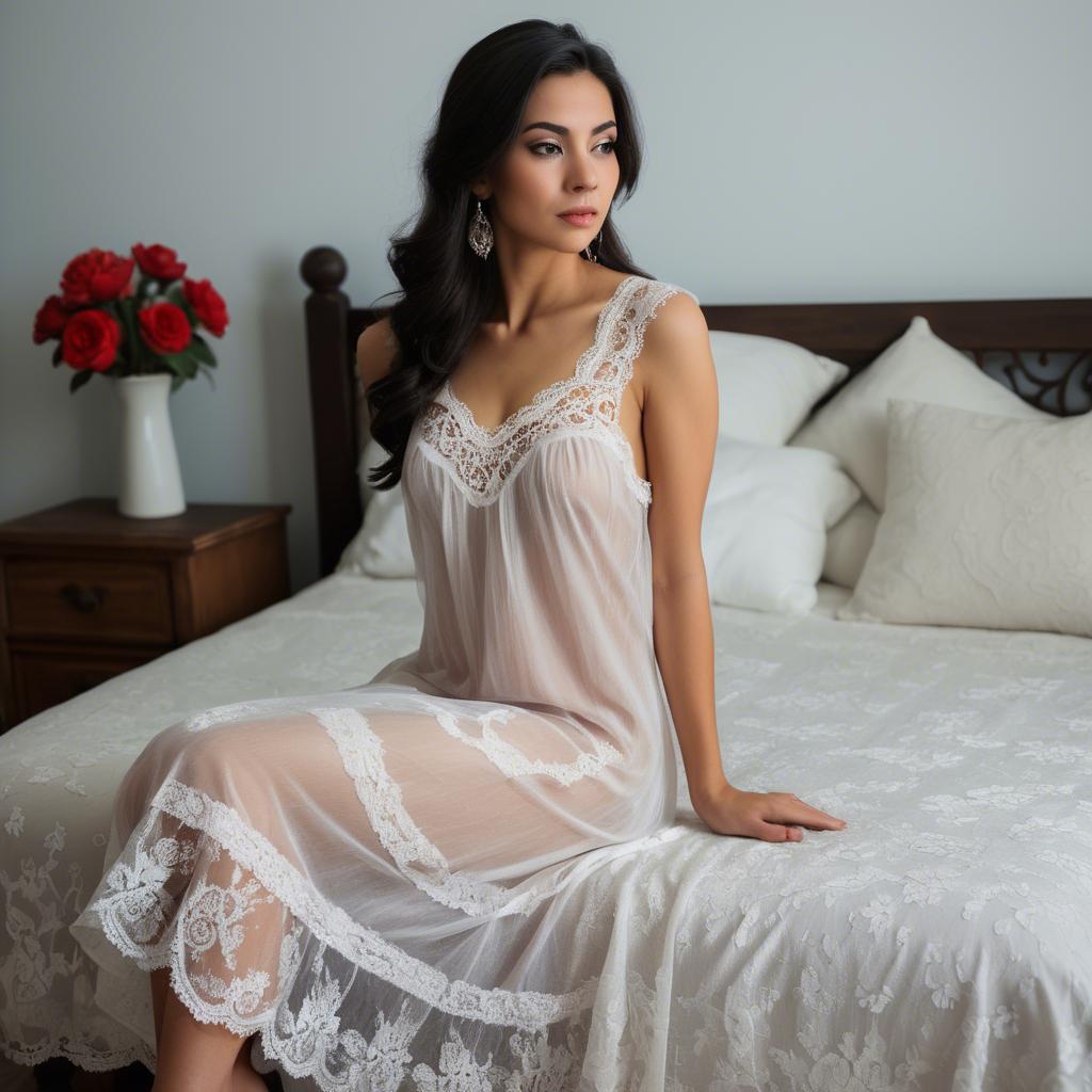 A stunning image of mexican elegance in a lace nightgown.