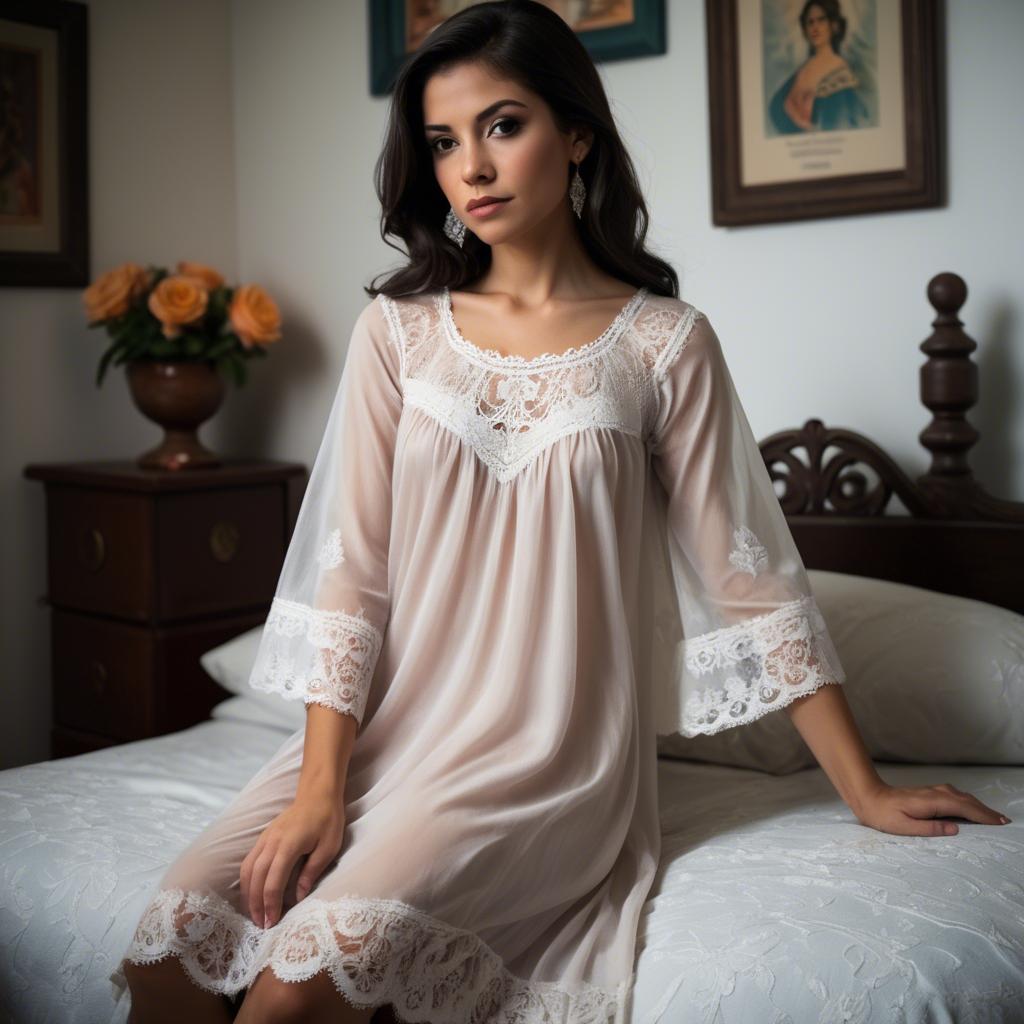 A stunning image of mexican elegance in a lace nightgown.