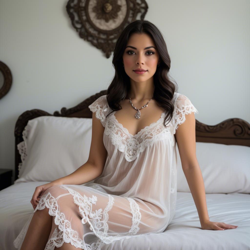 A stunning image of mexican elegance in a lace nightgown.