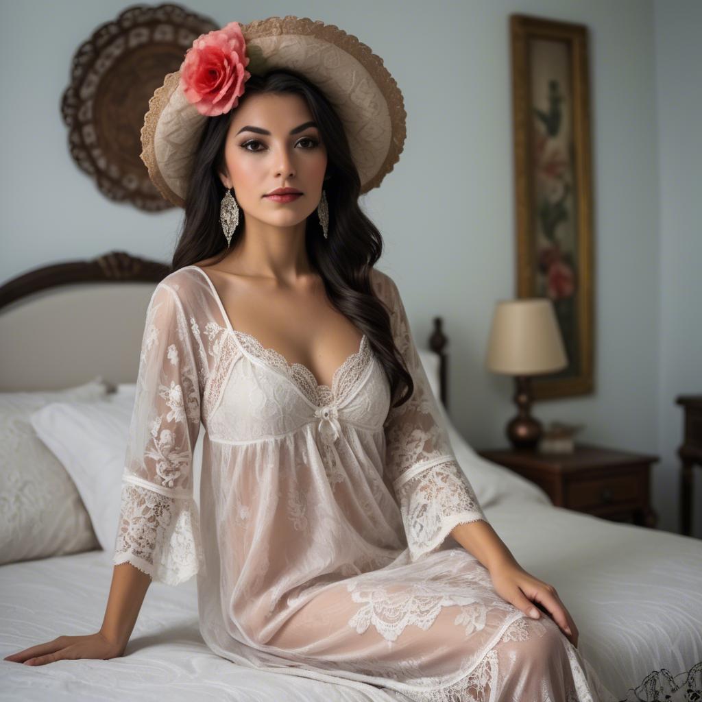 A stunning image of mexican elegance in a lace nightgown.