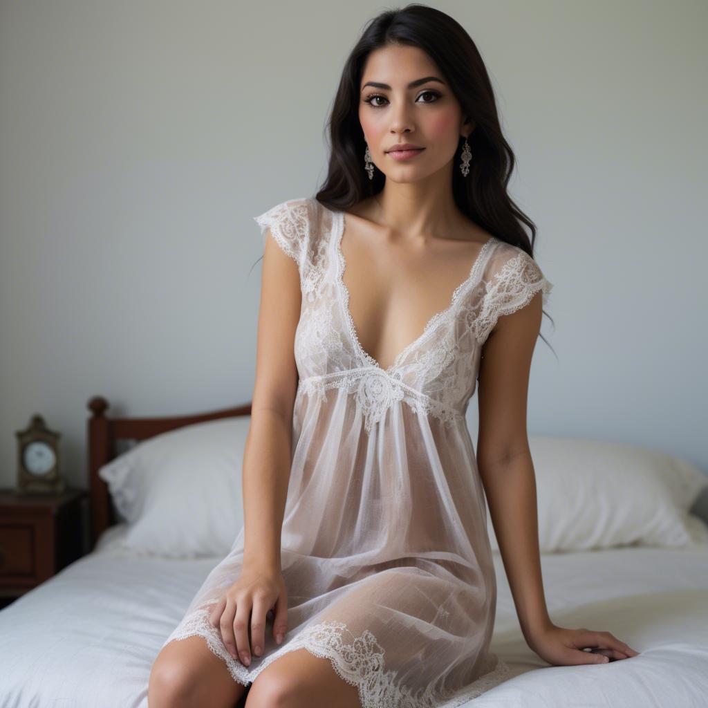 A stunning image of mexican elegance in a lace nightgown.