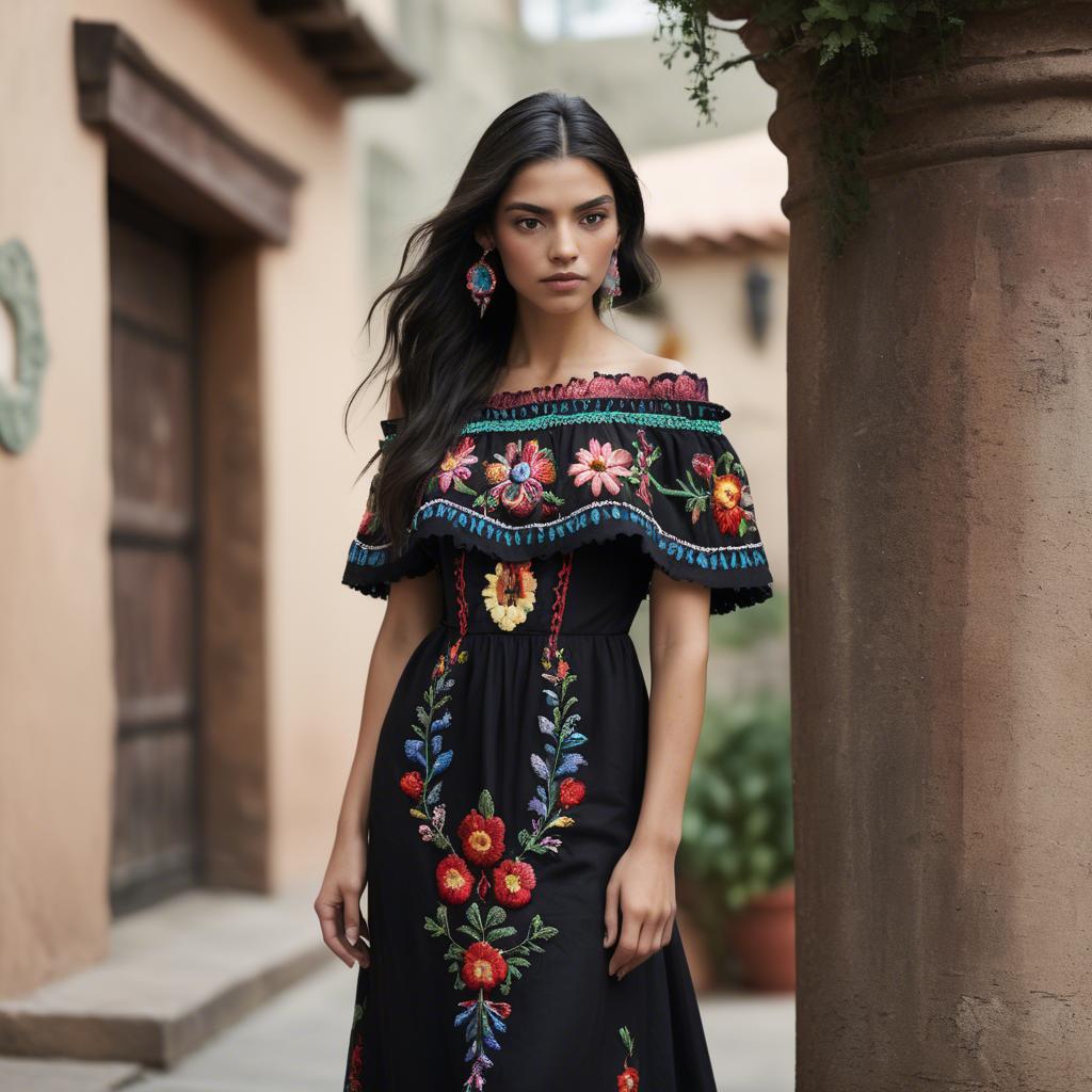 A stunning image of mexican model with long dark hair wearing embroidered off-the-shoulder dresses.