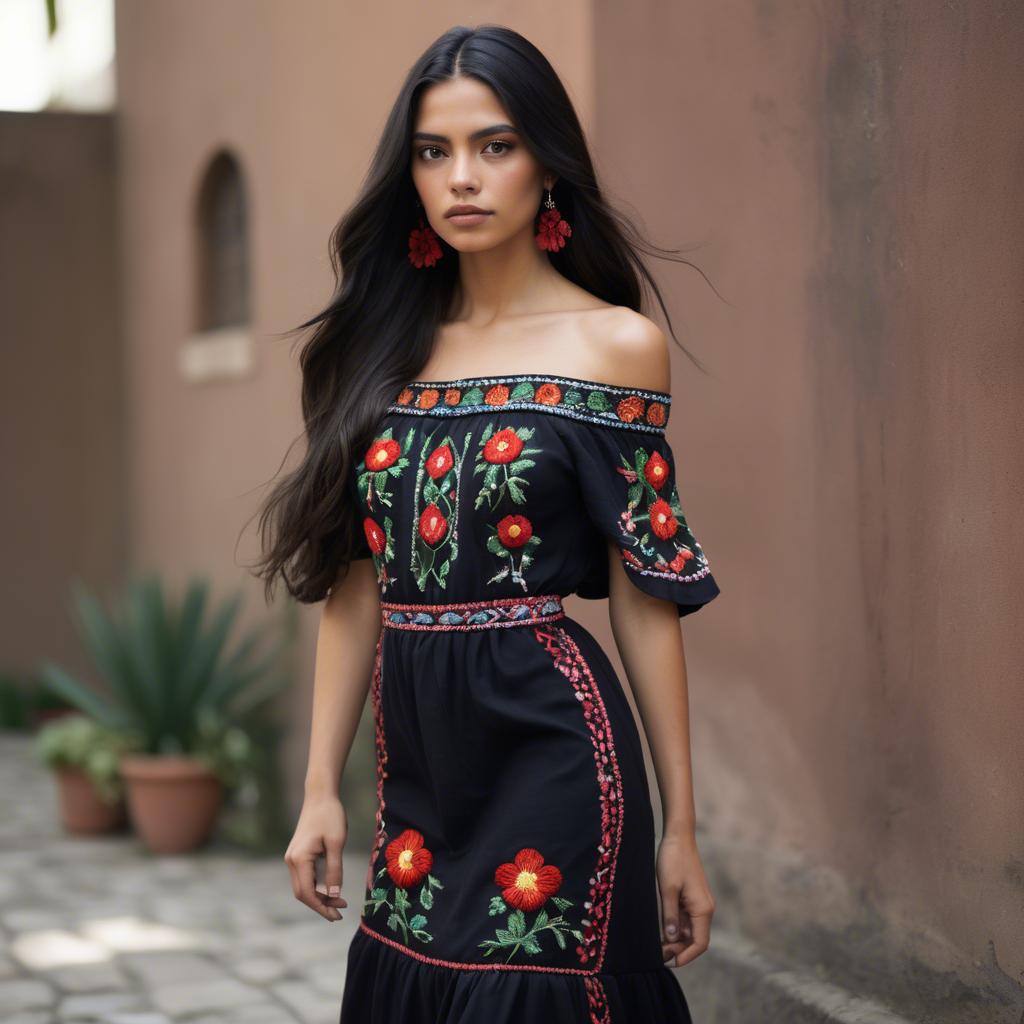 A stunning image of mexican model with long dark hair wearing embroidered off-the-shoulder dresses.