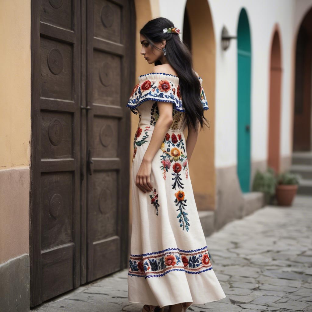 A stunning image of mexican model with long dark hair wearing embroidered off-the-shoulder dresses.