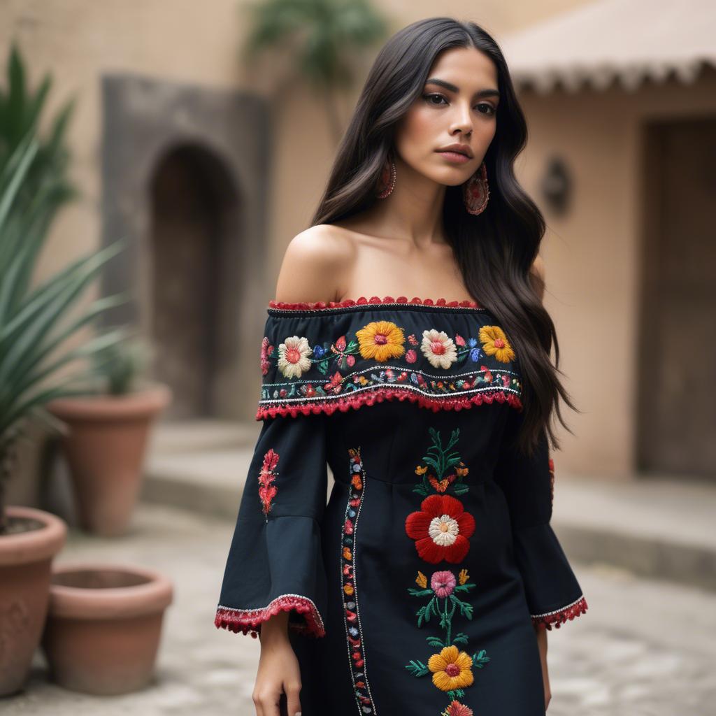 A stunning image of mexican model with long dark hair wearing embroidered off-the-shoulder dresses.