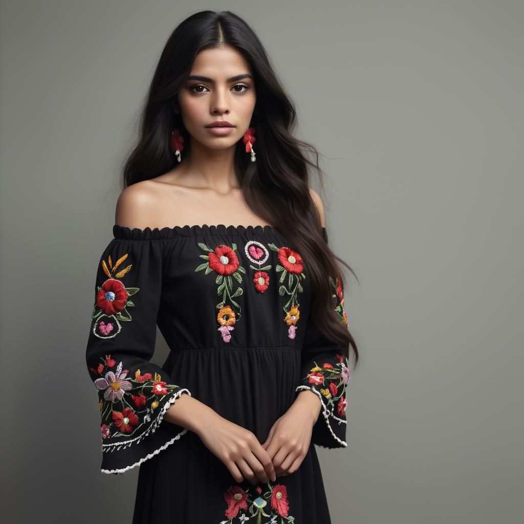 A stunning image of mexican model with long dark hair wearing embroidered off-the-shoulder dresses.