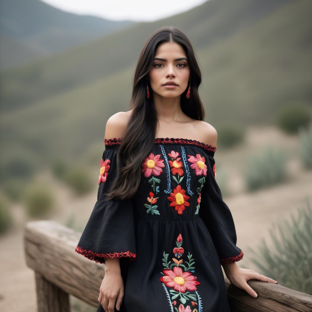 A stunning image of mexican model with long dark hair wearing embroidered off-the-shoulder dresses.