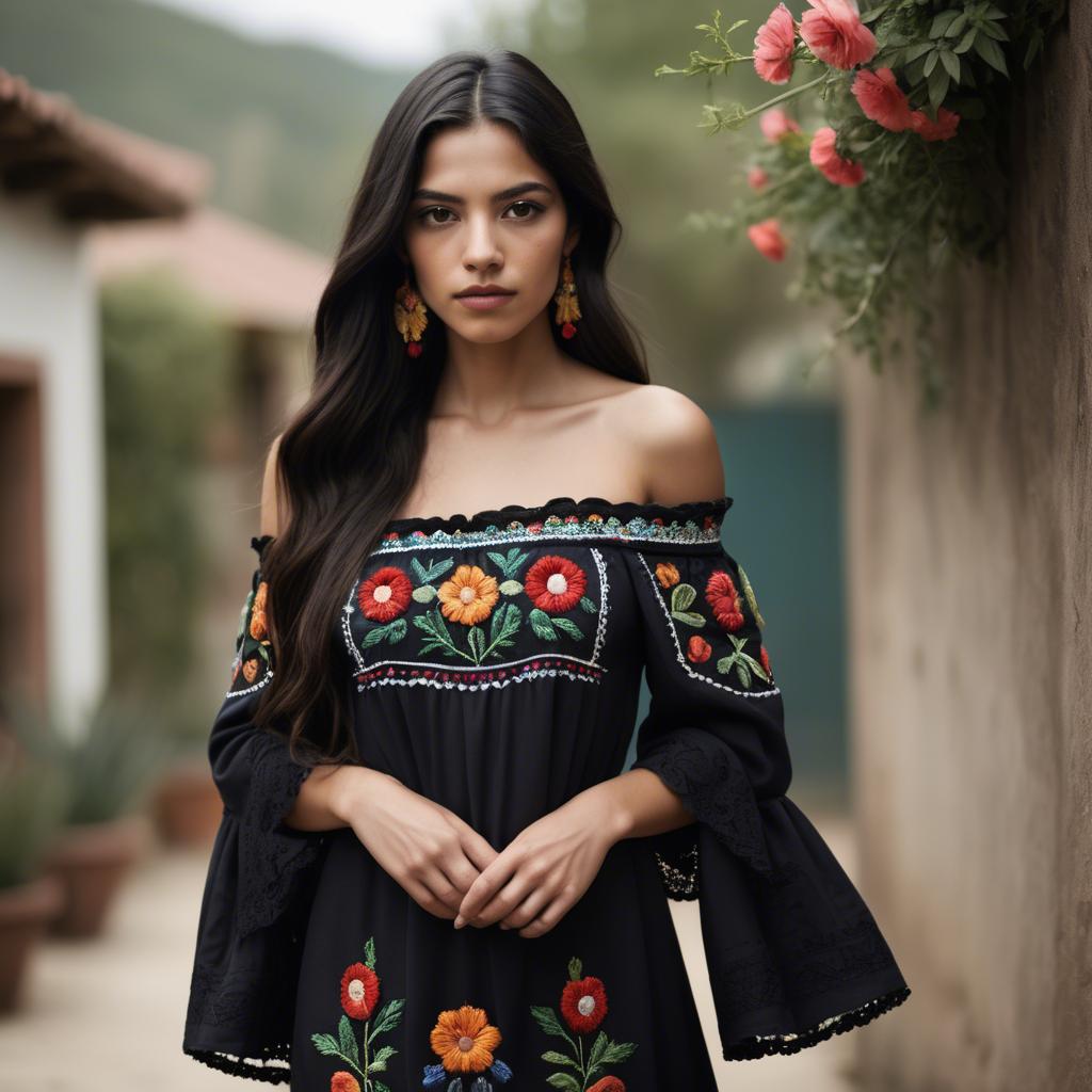 A stunning image of mexican model with long dark hair wearing embroidered off-the-shoulder dresses.