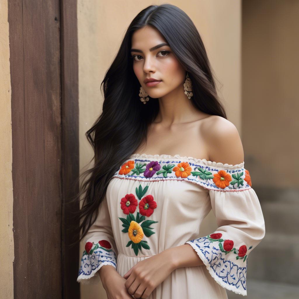 A stunning image of mexican model with long dark hair wearing embroidered off-the-shoulder dresses.