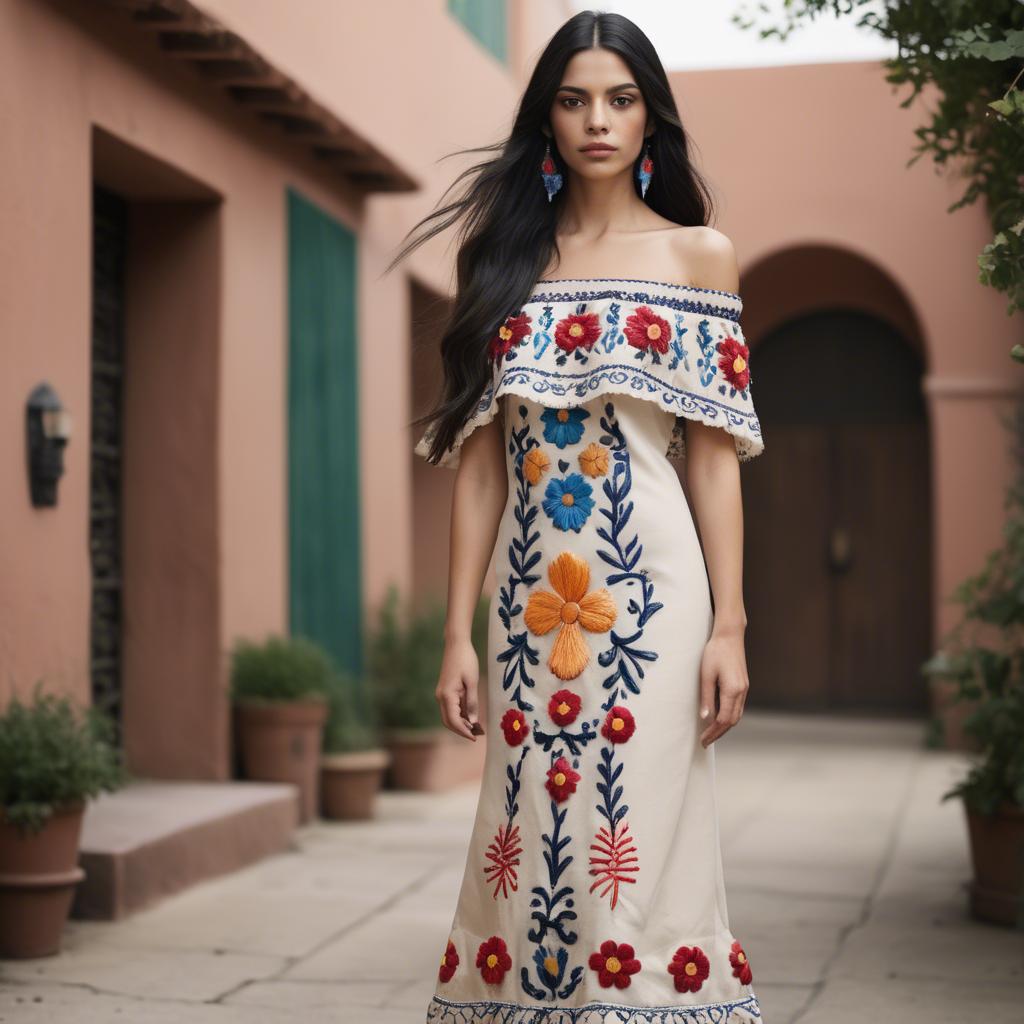 A stunning image of mexican model with long dark hair wearing embroidered off-the-shoulder dresses.