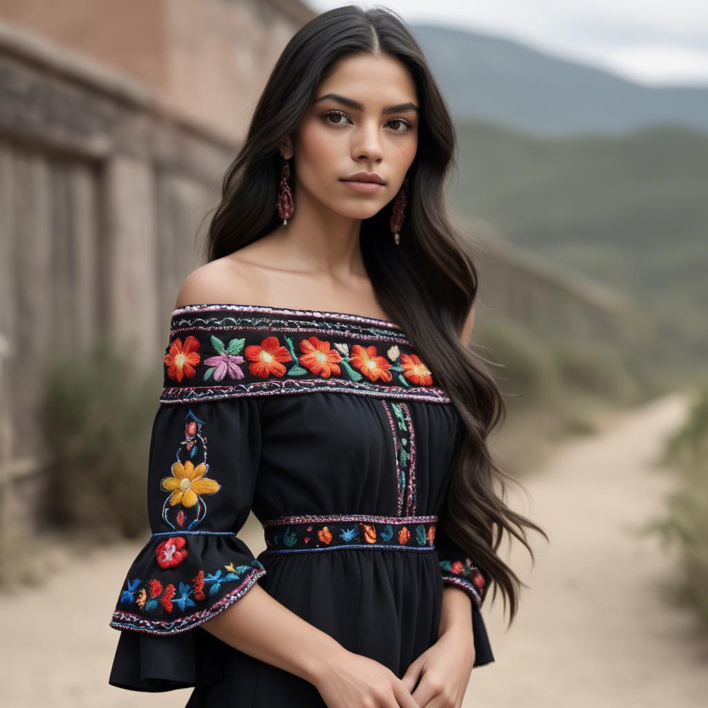 A stunning image of mexican model with long dark hair wearing embroidered off-the-shoulder dresses.