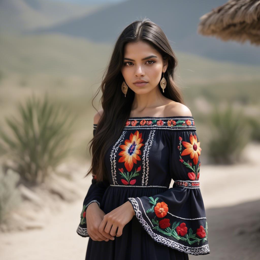 A stunning image of mexican model with long dark hair wearing embroidered off-the-shoulder dresses.