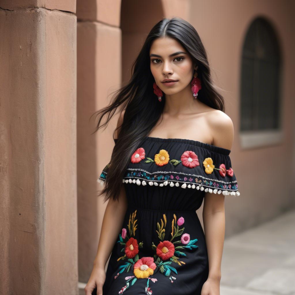 A stunning image of mexican model with long dark hair wearing embroidered off-the-shoulder dresses.