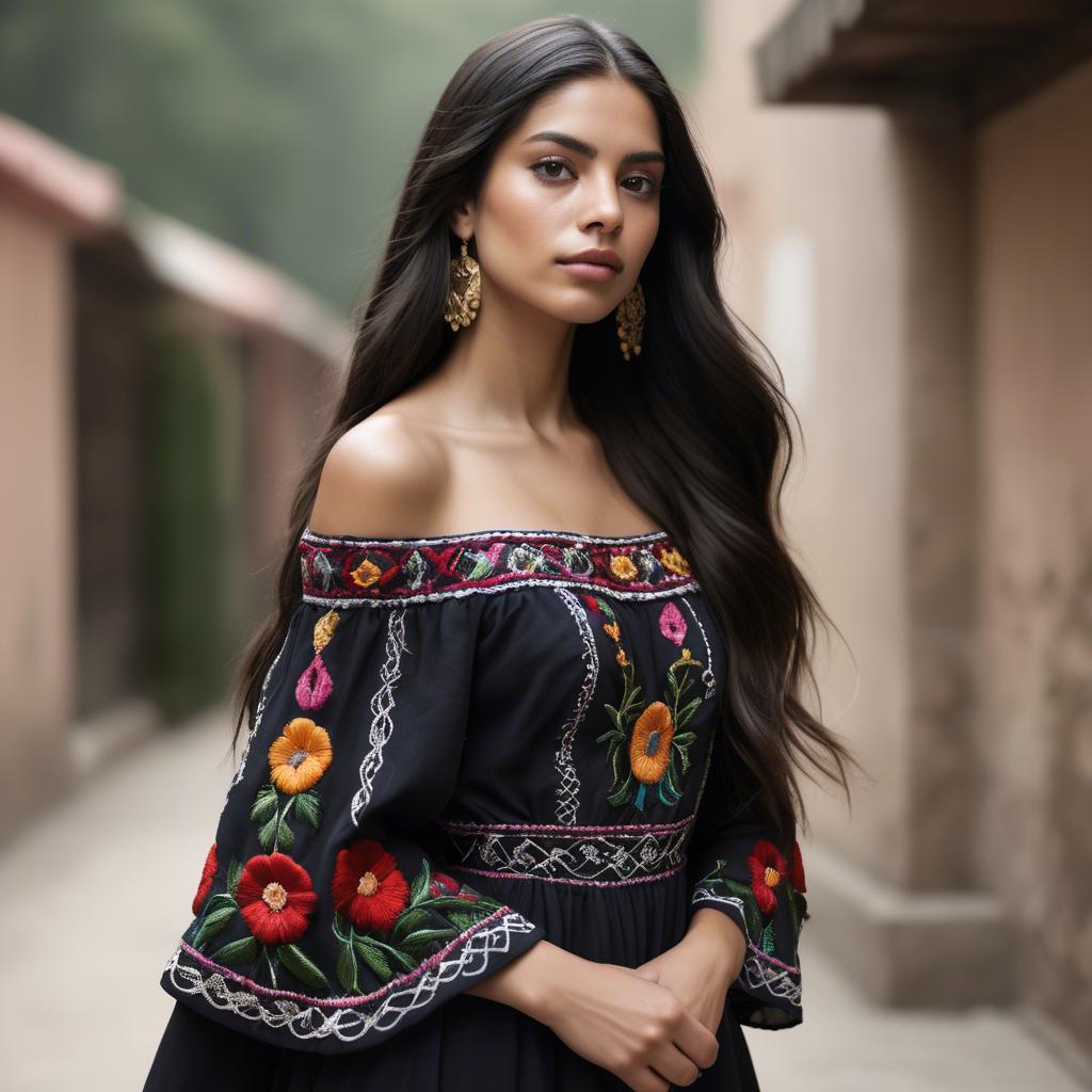 A stunning image of mexican model with long dark hair wearing embroidered off-the-shoulder dresses.