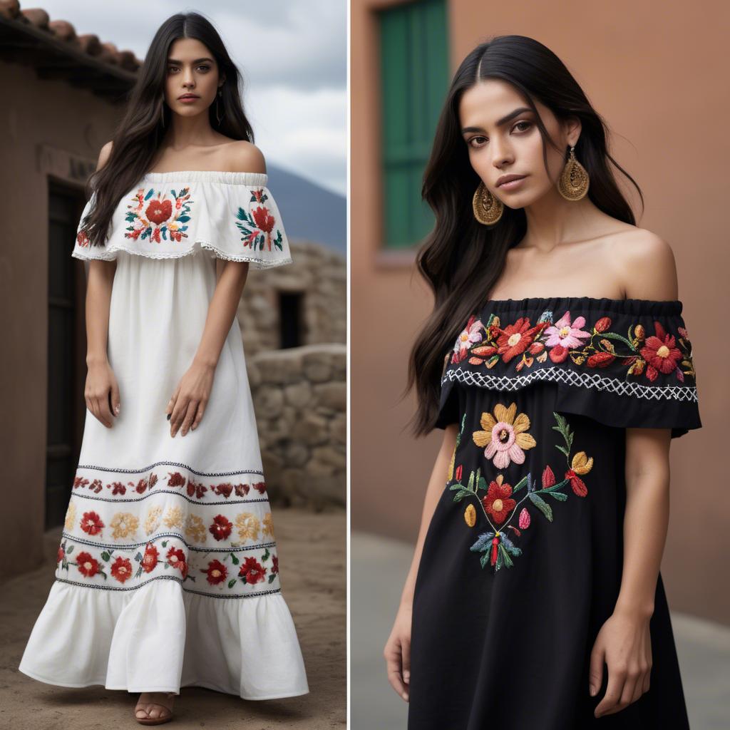 A stunning image of mexican model with long dark hair wearing embroidered off-the-shoulder dresses.
