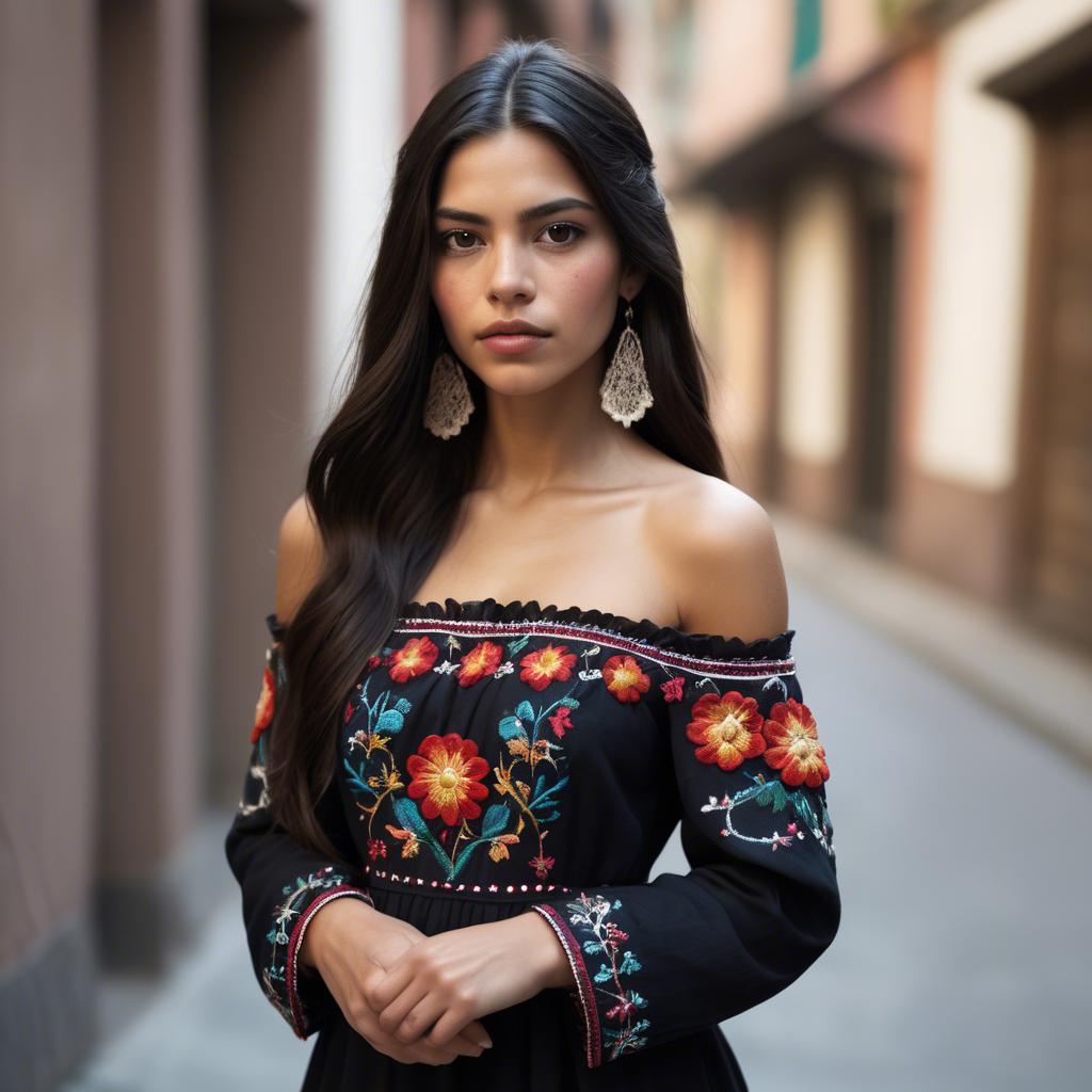 A stunning image of mexican model with long dark hair wearing embroidered off-the-shoulder dresses.