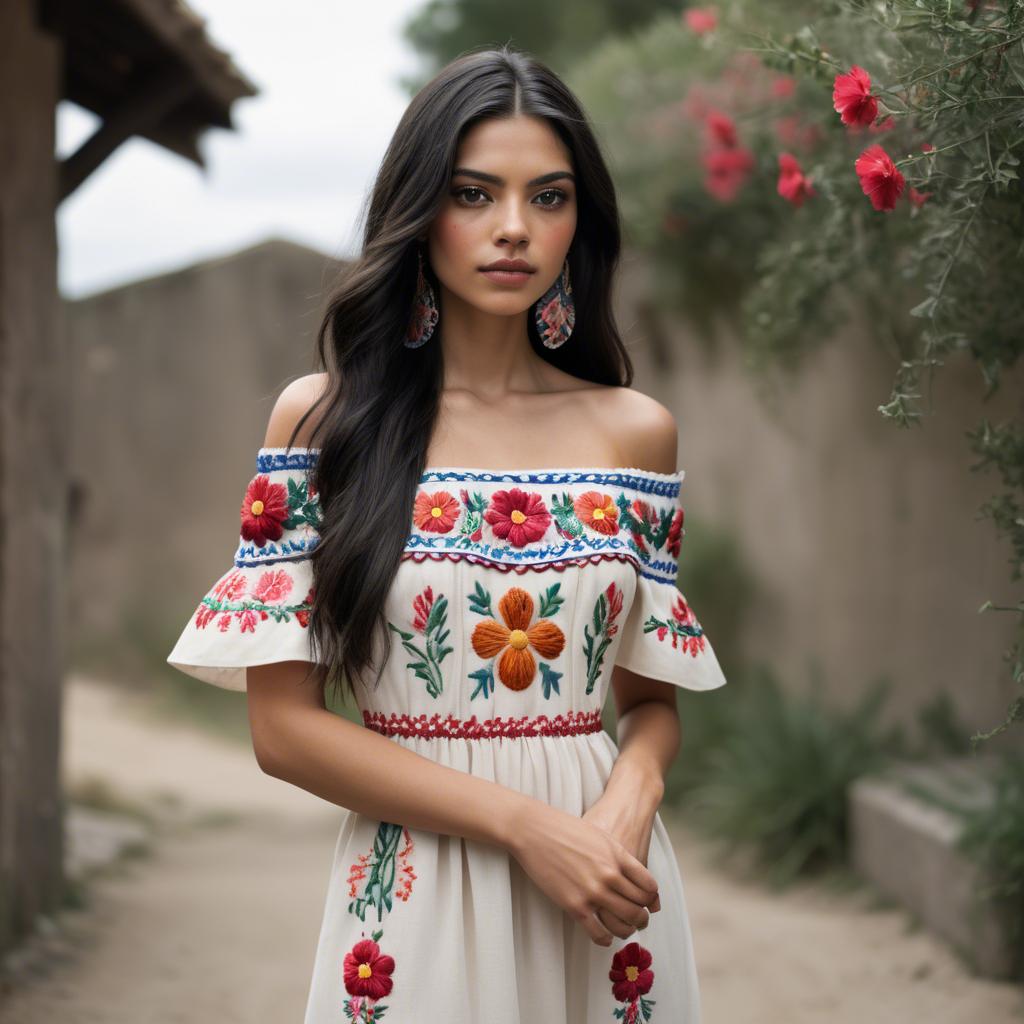 A stunning image of mexican model with long dark hair wearing embroidered off-the-shoulder dresses.
