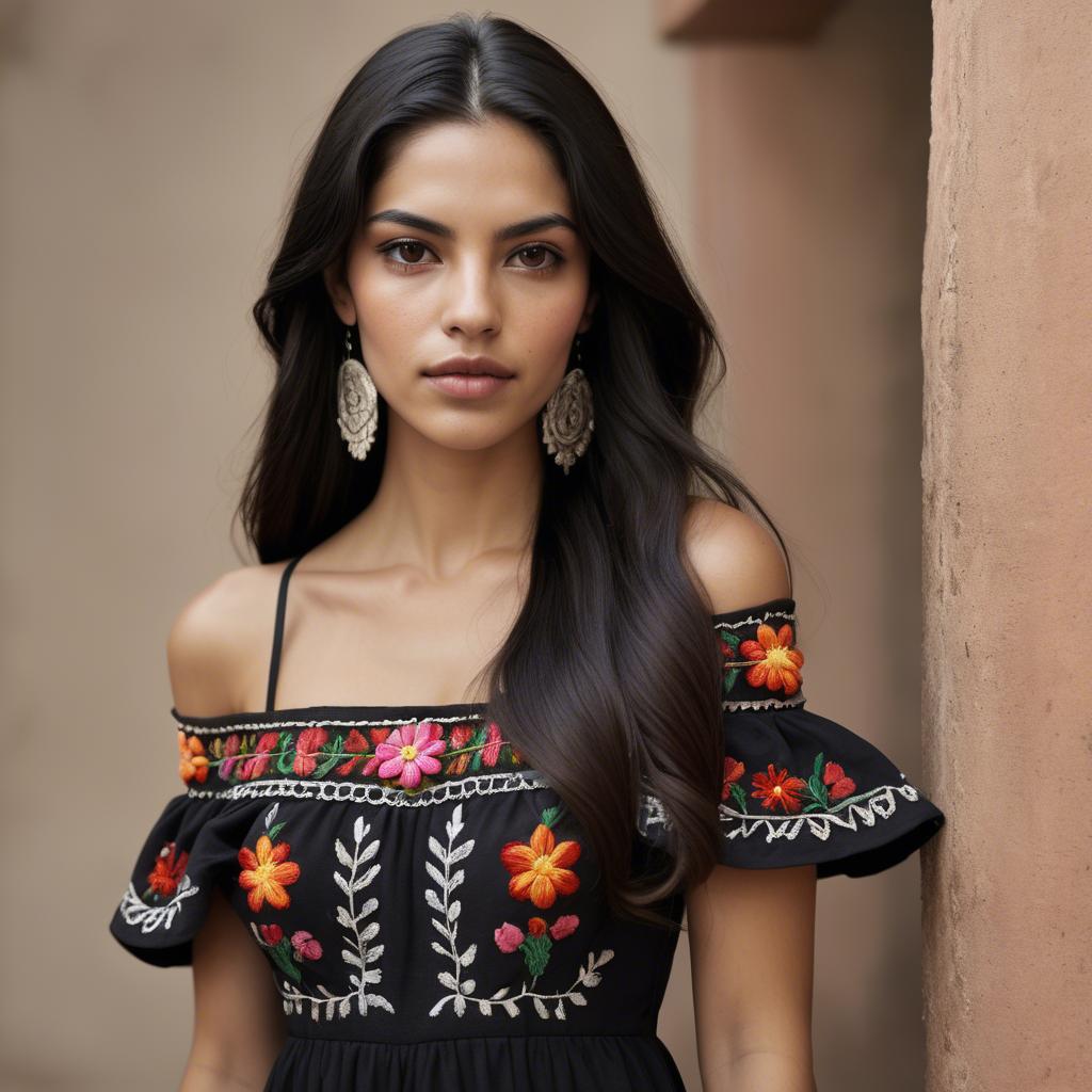 A stunning image of mexican model with long dark hair wearing embroidered off-the-shoulder dresses.