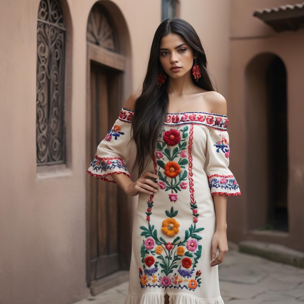 A stunning image of mexican model with long dark hair wearing embroidered off-the-shoulder dresses.