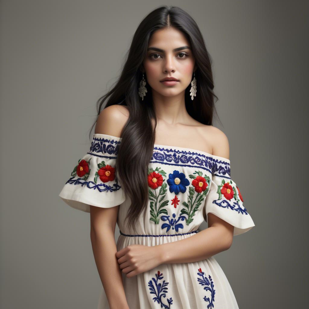 A stunning image of mexican model with long dark hair wearing embroidered off-the-shoulder dresses.
