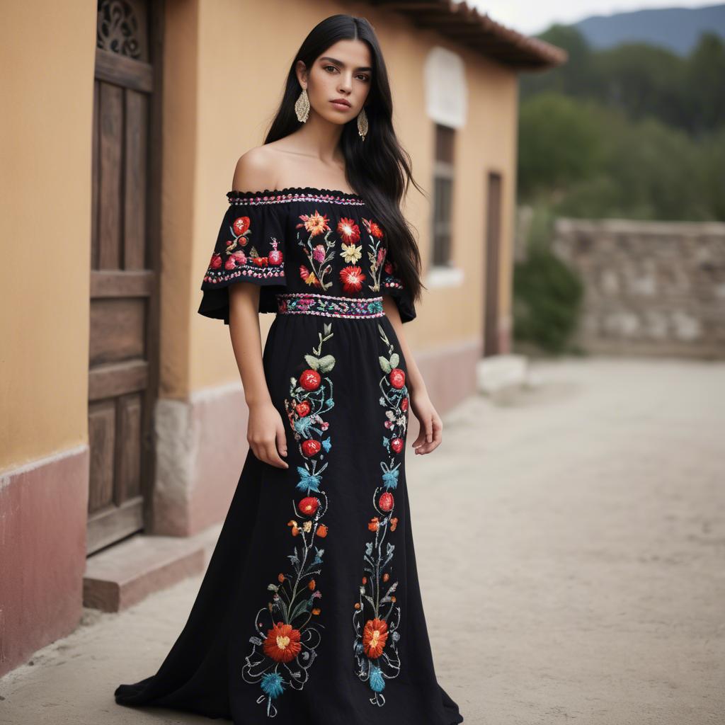 A stunning image of mexican model with long dark hair wearing embroidered off-the-shoulder dresses.