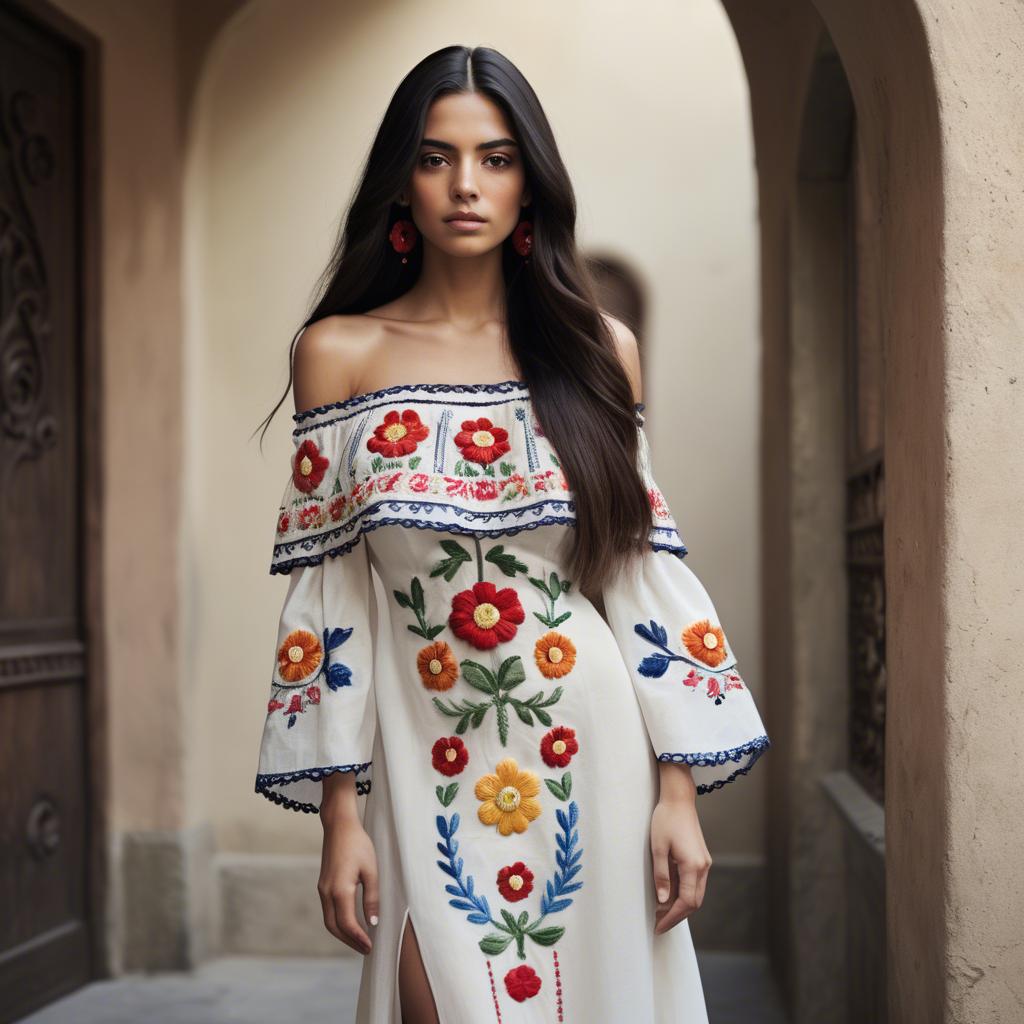 A stunning image of mexican model with long dark hair wearing embroidered off-the-shoulder dresses.