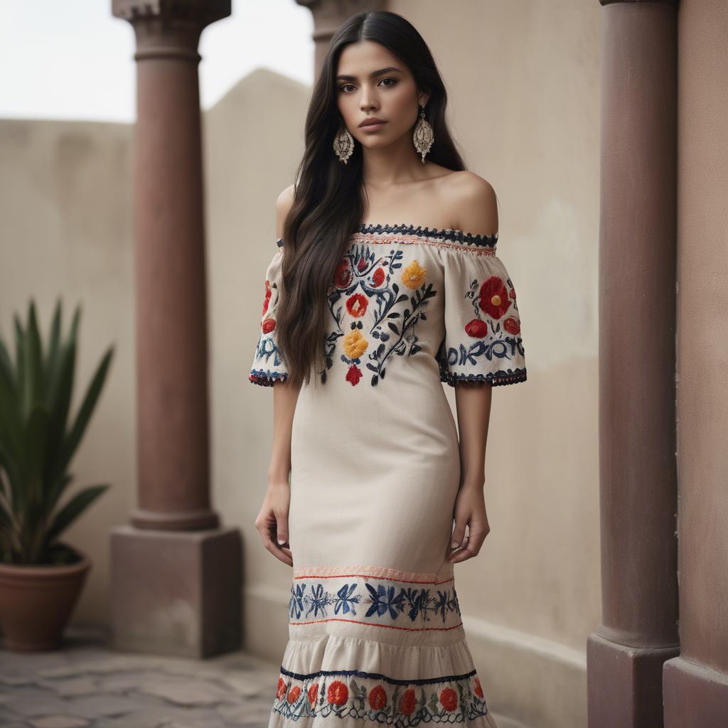 A stunning image of mexican model with long dark hair wearing embroidered off-the-shoulder dresses.