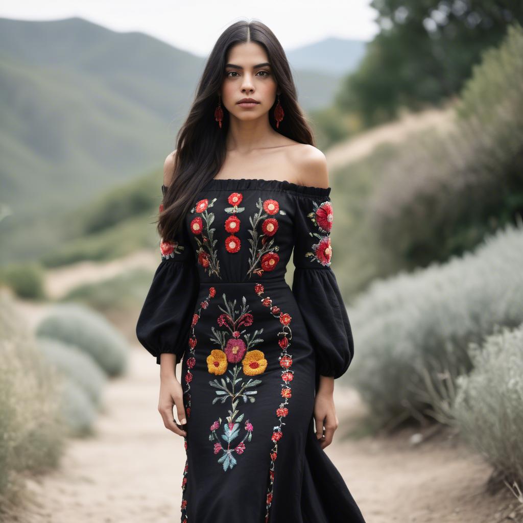 A stunning image of mexican model with long dark hair wearing embroidered off-the-shoulder dresses.