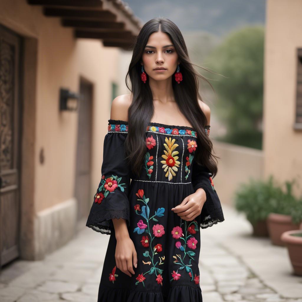 A stunning image of mexican model with long dark hair wearing embroidered off-the-shoulder dresses.