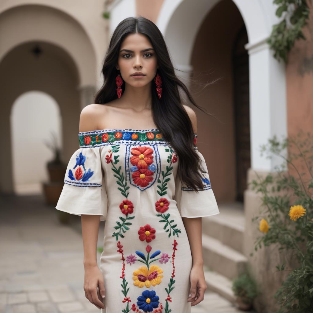 A stunning image of mexican model with long dark hair wearing embroidered off-the-shoulder dresses.