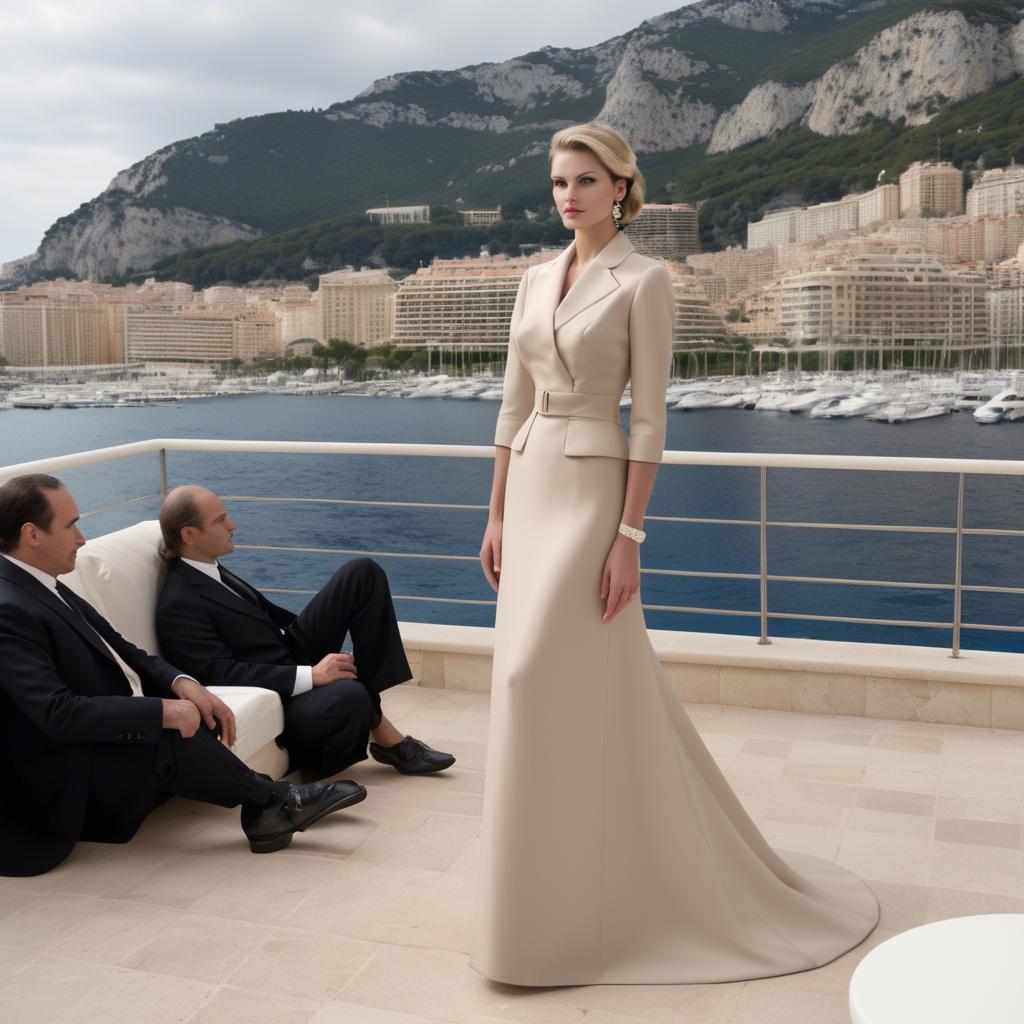 A stunning image of monã©gasque glamour in a tailored designer dress recalling monte carloâ€™s upscale ambiance.