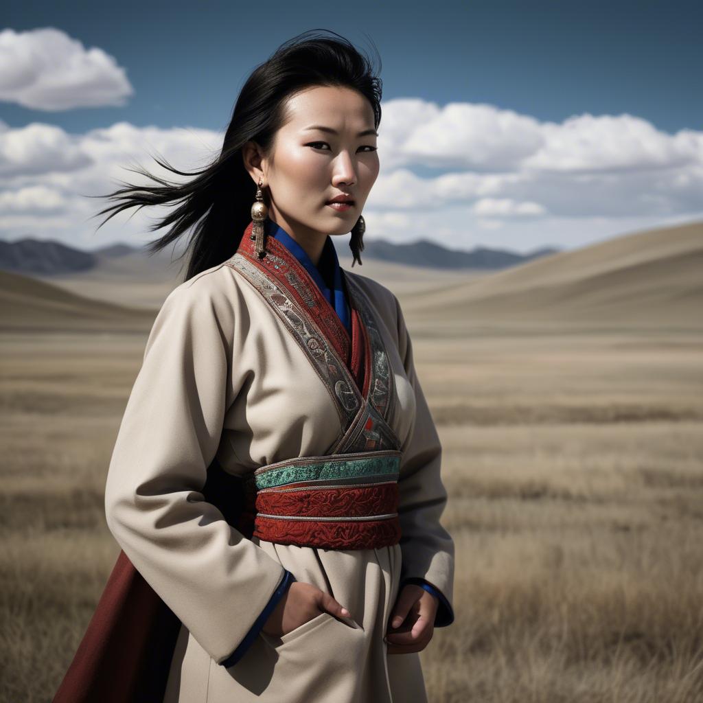 A stunning image of mongolian muse in a stylish deel photographed under vast open-sky landscapes.