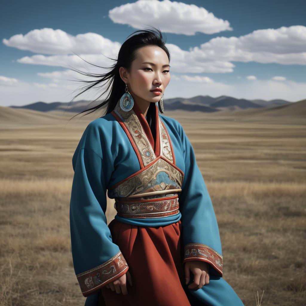 A stunning image of mongolian muse in a stylish deel photographed under vast open-sky landscapes.