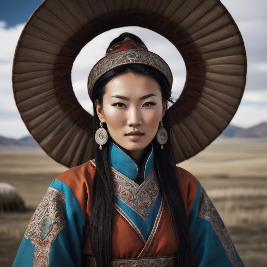 A stunning image of mongolian muse in a stylish deel photographed under vast open-sky landscapes.